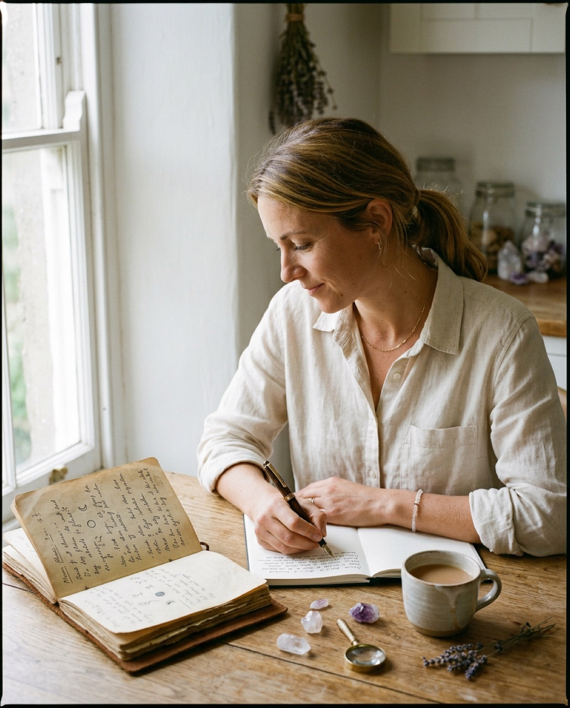 Eleanor translating her grandmother's notebook at the kitchen table