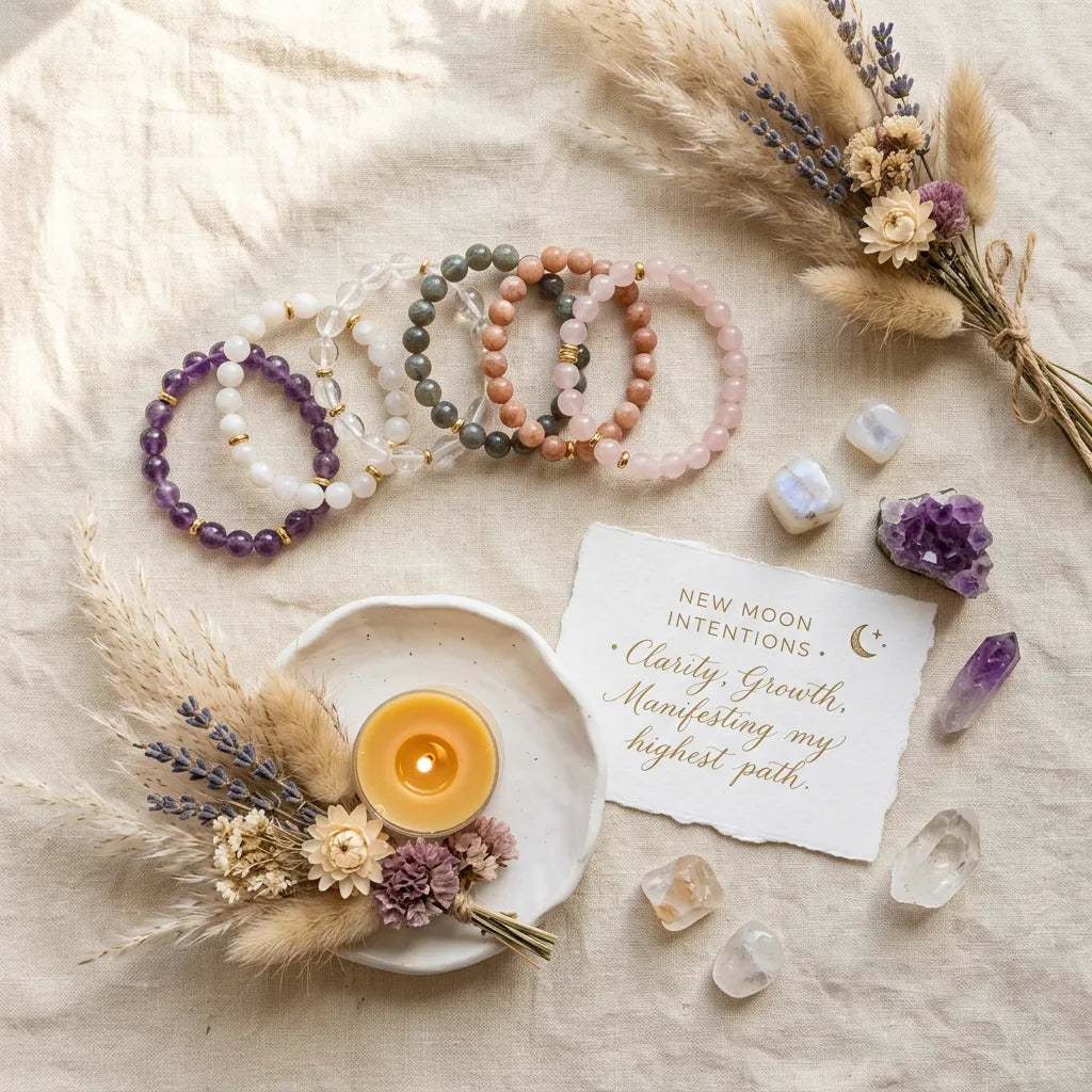 Woman performing a new moon crystal ritual with LUNEBORNE bracelet and candle