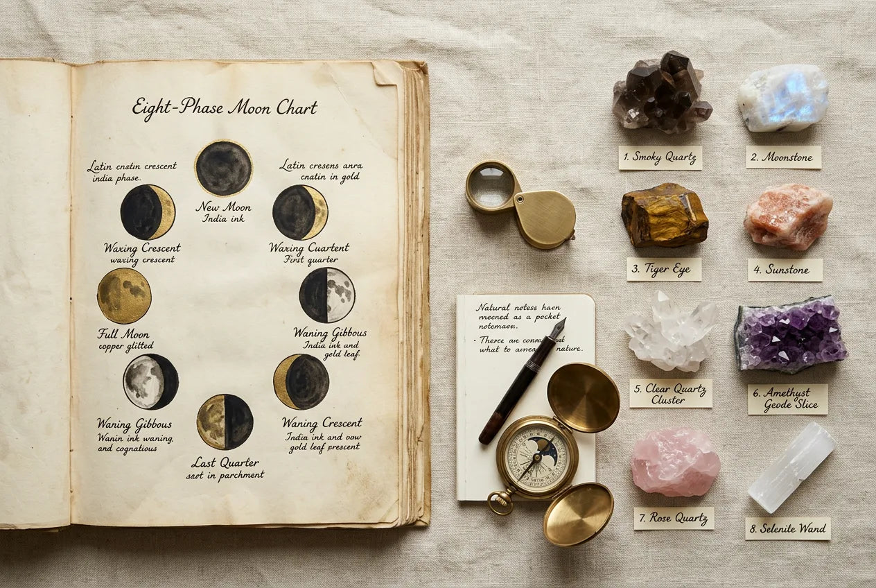 LUNEBORNE&rsquo;s eight-phase chart and mineral specimens &mdash; moon &times; stone research notebook
